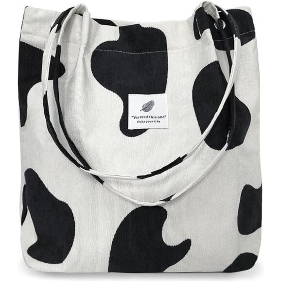 Cow Print Corduroy Tote Bag with Secure Buckles and Straps With Inner Pockets - Picture 1 of 6